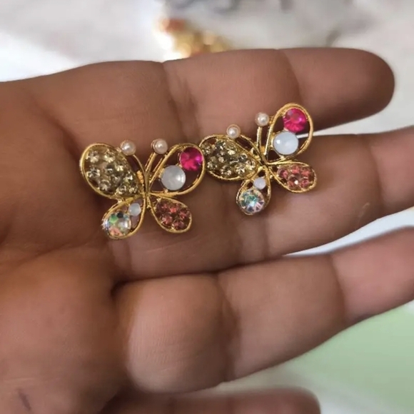Sold‼️Boutique Golden Butterfly Stud Earrings with Pink & Iridescent Crystals - Picture 3 of 3